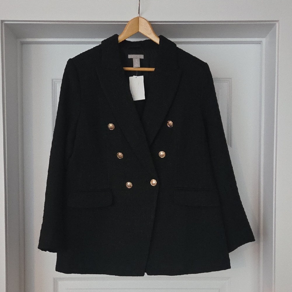 H&M Tweed Double-Breasted Black Blazer with Gold Buttons, Size L